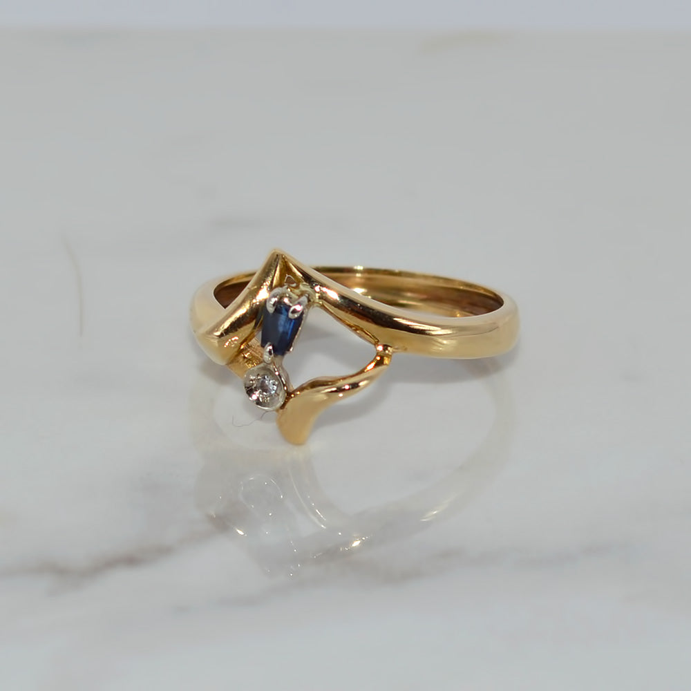 18ct Solid Yellow Gold Hallmarked Natural Sapphire & Diamond Ring Vintage