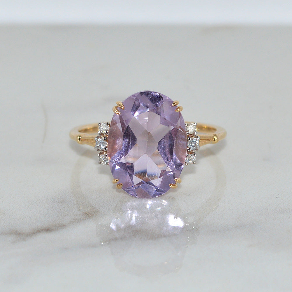 9ct Solid Yellow Gold Natural Amethyst Diamond Ring Certified New