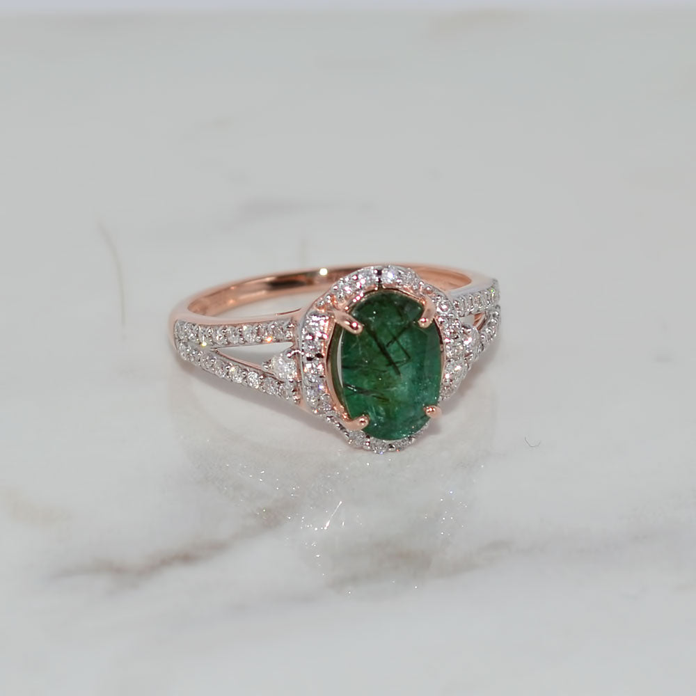 14ct Solid Rose Gold Natural Emerald Diamond Ring Certified New