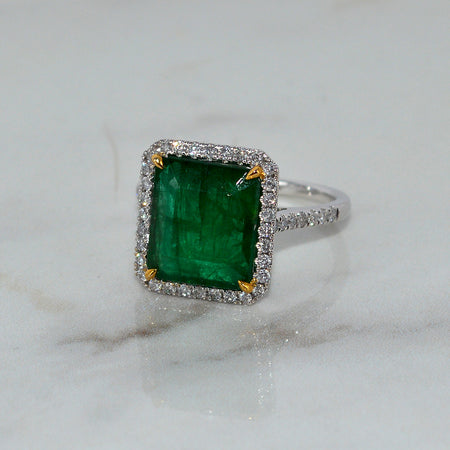 14ct Solid White Gold Natural Emerald Diamond Dress Ring Certified New