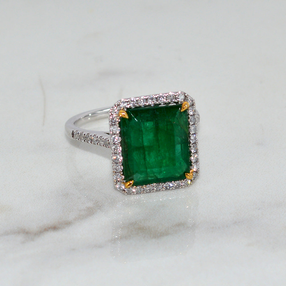 14ct Solid White Gold Natural Emerald Diamond Dress Ring Certified New